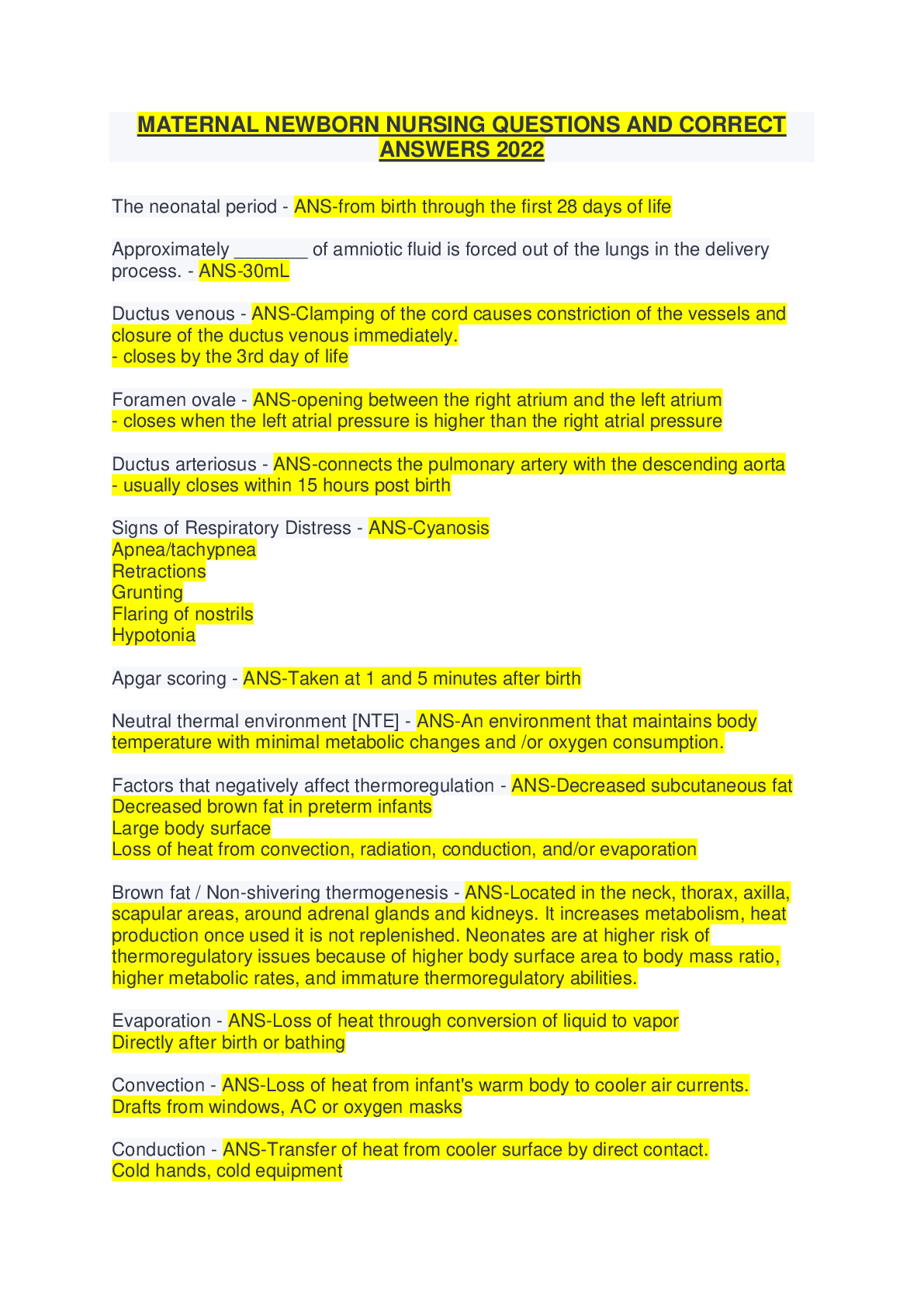 MATERNAL NEWBORN NURSING QUESTIONS AND CORRECT ANSWERS 2022 Browsegrades